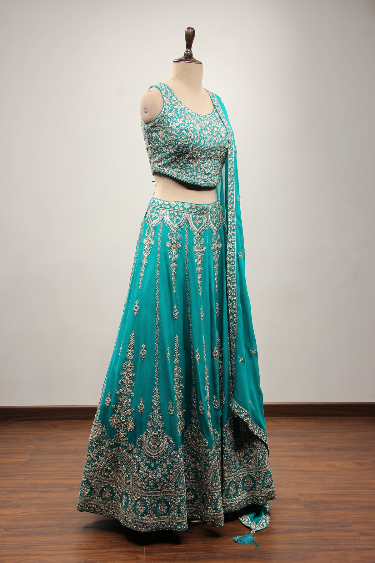 Rama Green Georgette Lehenga with Zari & Sequin Handwork Crop Top – other side view