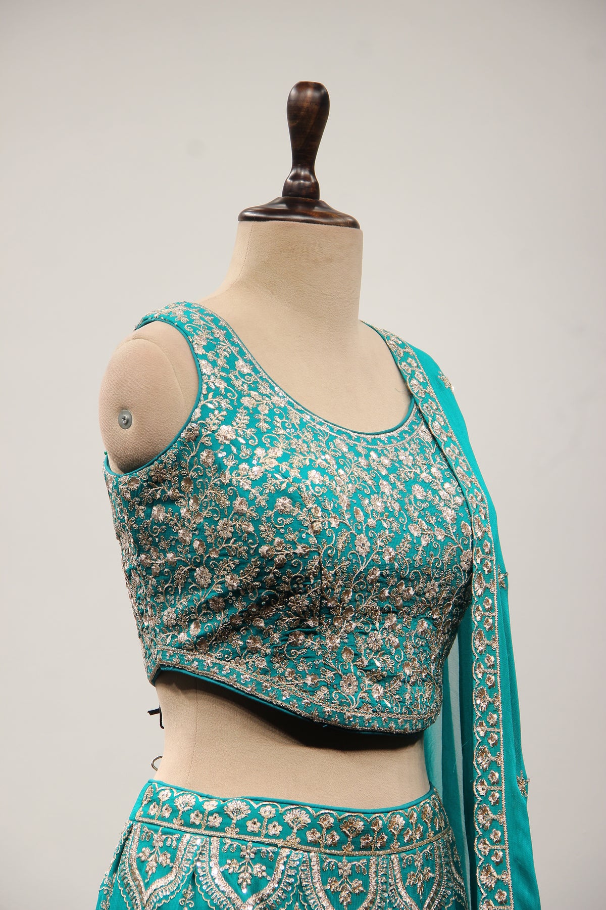 Rama Green Georgette Lehenga with Zari & Sequin Handwork Crop Top – other side close-up