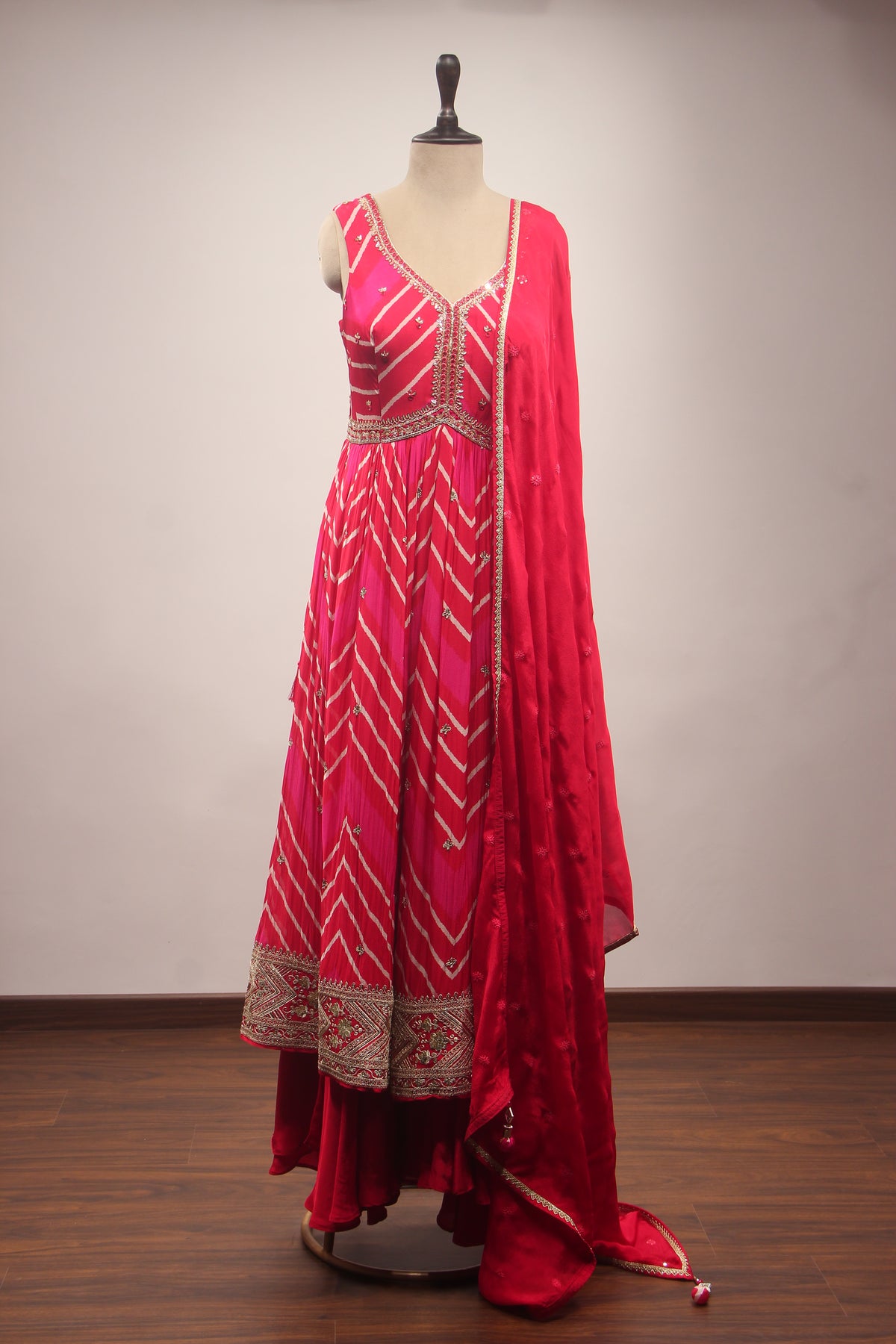 Red Bandhej Suit with Gota Patti & Mirror Handwork Anarkali