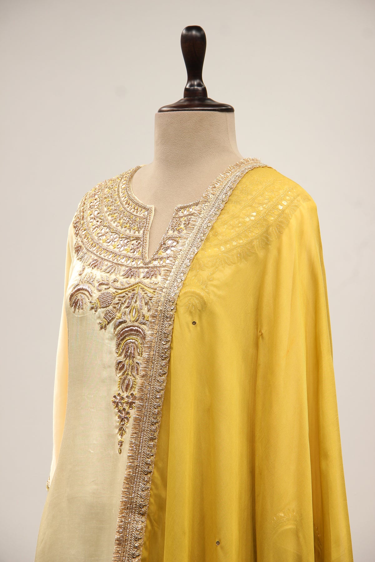 Cream Satin Pant Suit with Hand Embroidery & Gota Patti Handwork Yoke – side close-up