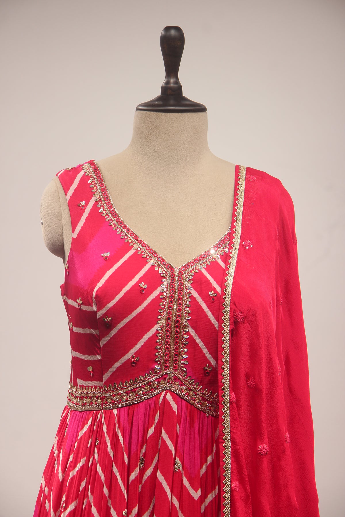 Red Bandhej Suit with Gota Patti & Mirror Handwork Anarkali