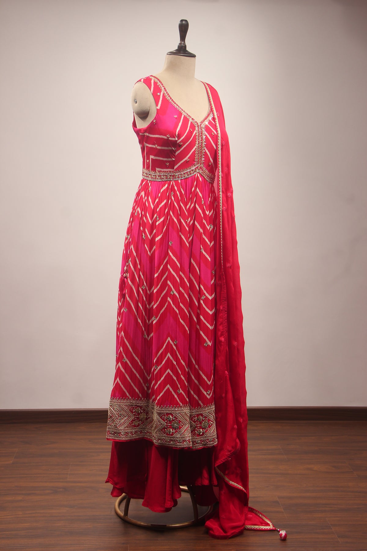 Red Bandhej Suit with Gota Patti & Mirror Handwork Anarkali