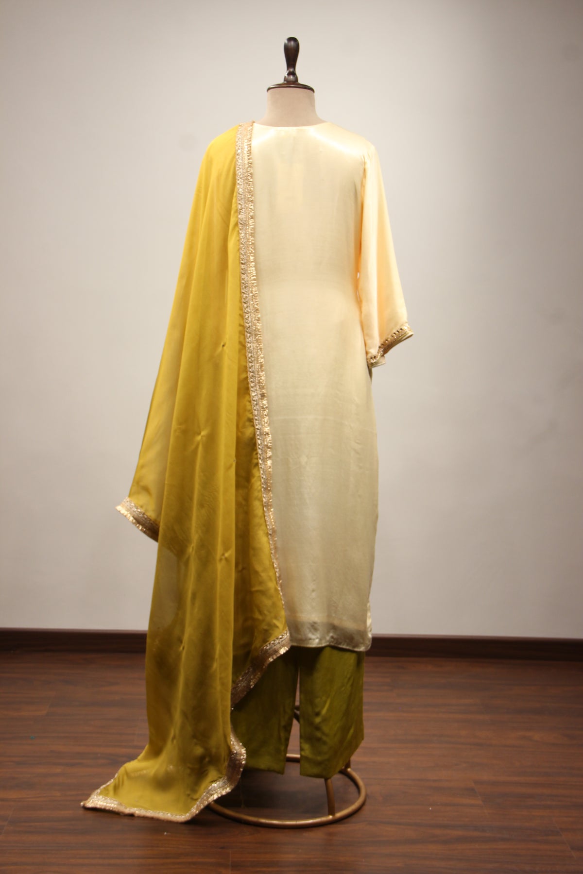 Cream Satin Pant Suit with Hand Embroidery & Gota Patti Handwork Yoke – back view