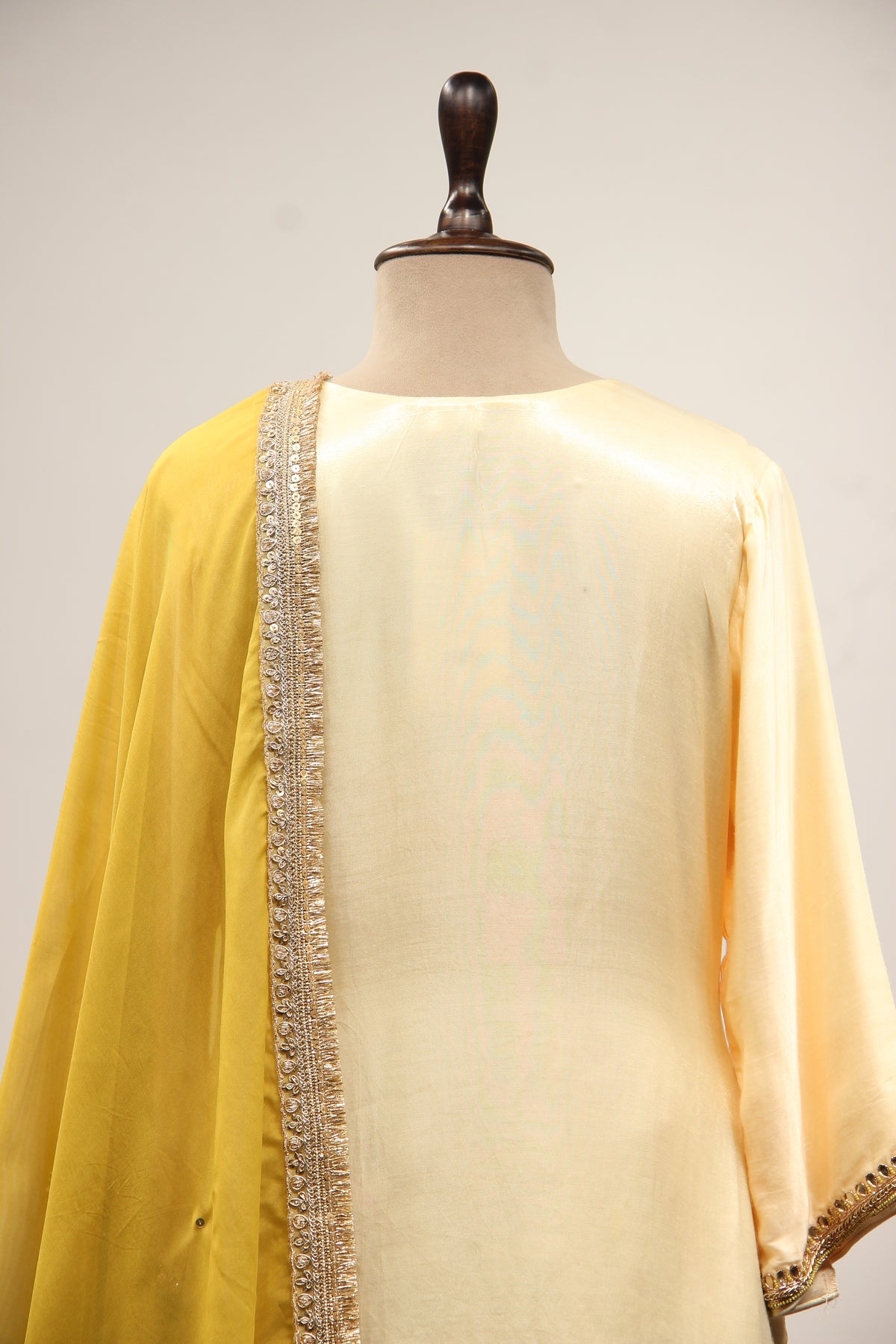Cream Satin Pant Suit with Hand Embroidery & Gota Patti Handwork Yoke – back close-up