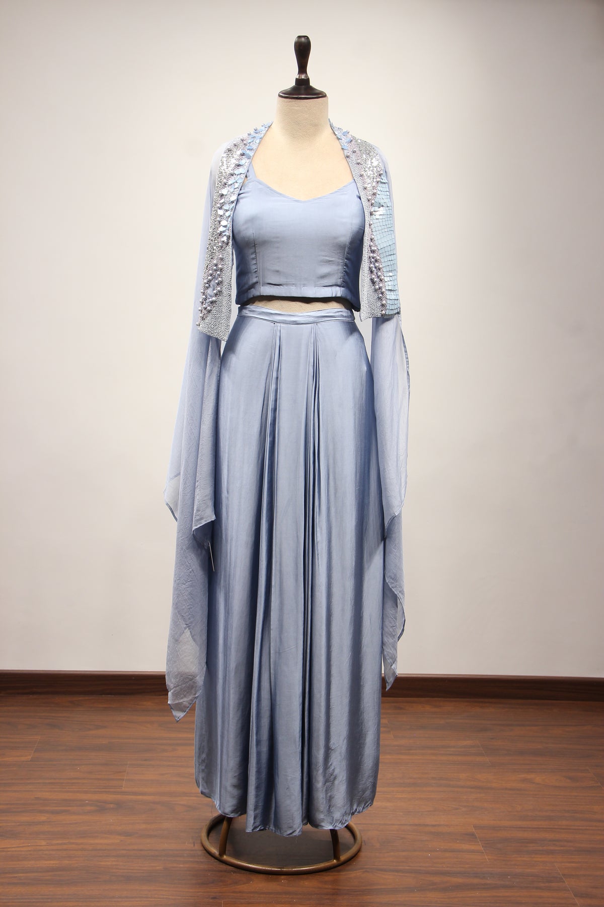 Ice Blue Satin Indo Western Cape in Hand Embroidery & Sequin Handwork – front view, with cape