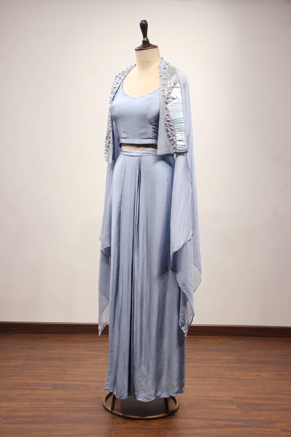Ice Blue Satin Indo Western Cape in Hand Embroidery & Sequin Handwork – side view, with cape