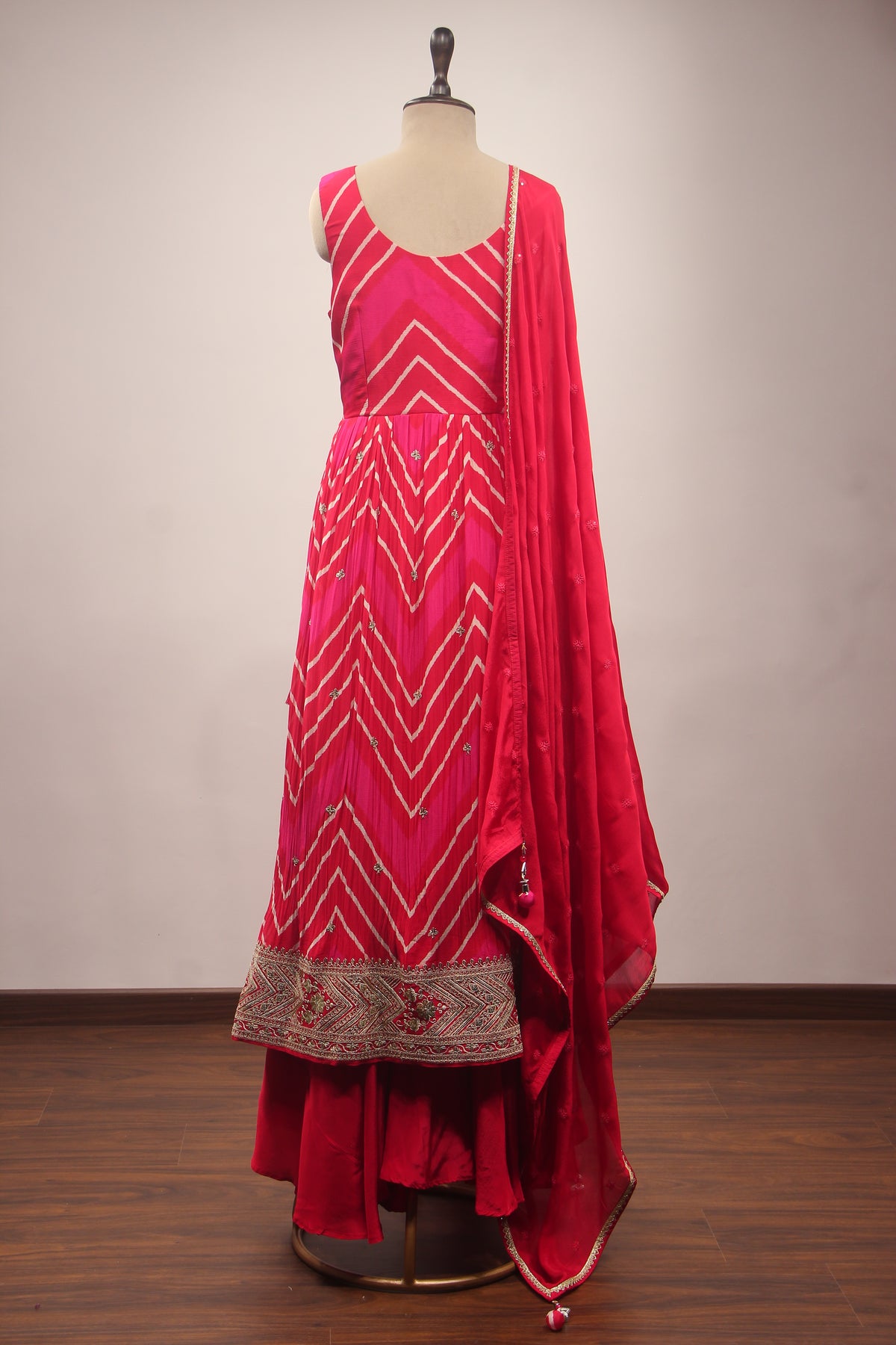 Red Bandhej Suit with Gota Patti & Mirror Handwork Anarkali