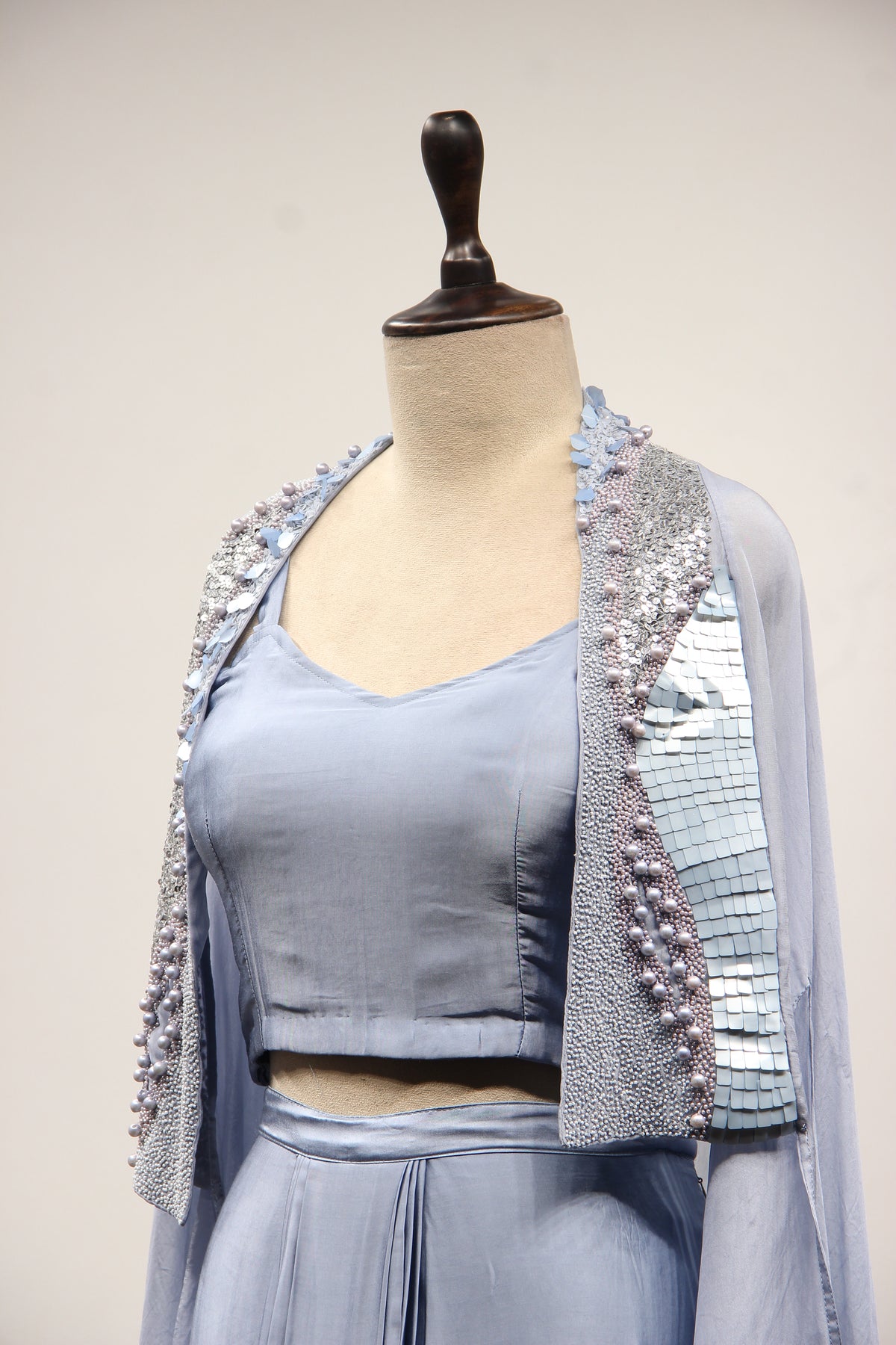 Ice Blue Satin Indo Western Cape in Hand Embroidery & Sequin Handwork – side close-up, with cape