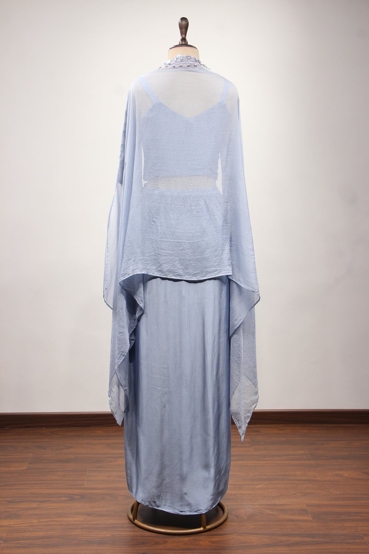 Ice Blue Satin Indo Western Cape in Hand Embroidery & Sequin Handwork – back view, with cape