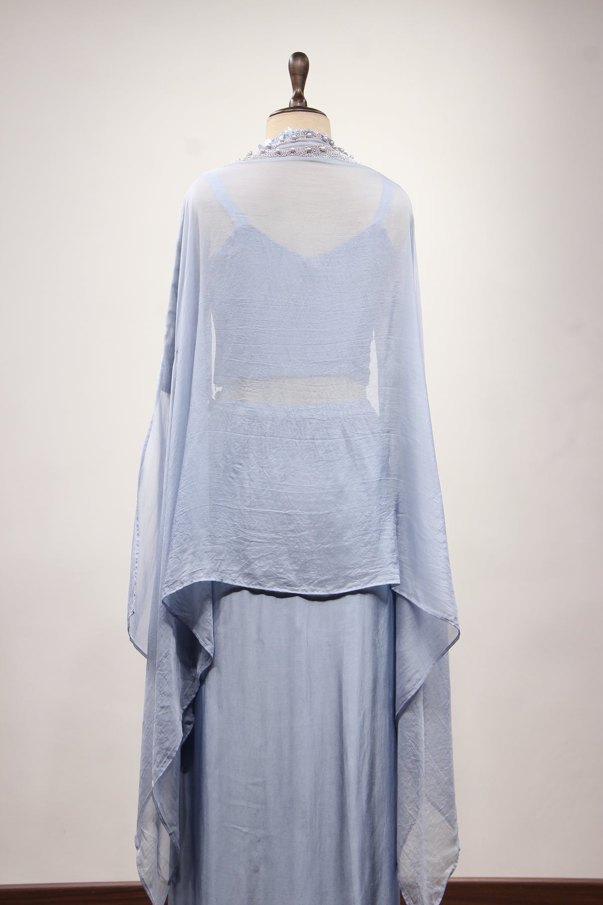 Ice Blue Satin Indo Western Cape in Hand Embroidery & Sequin Handwork – back close-up, with cape