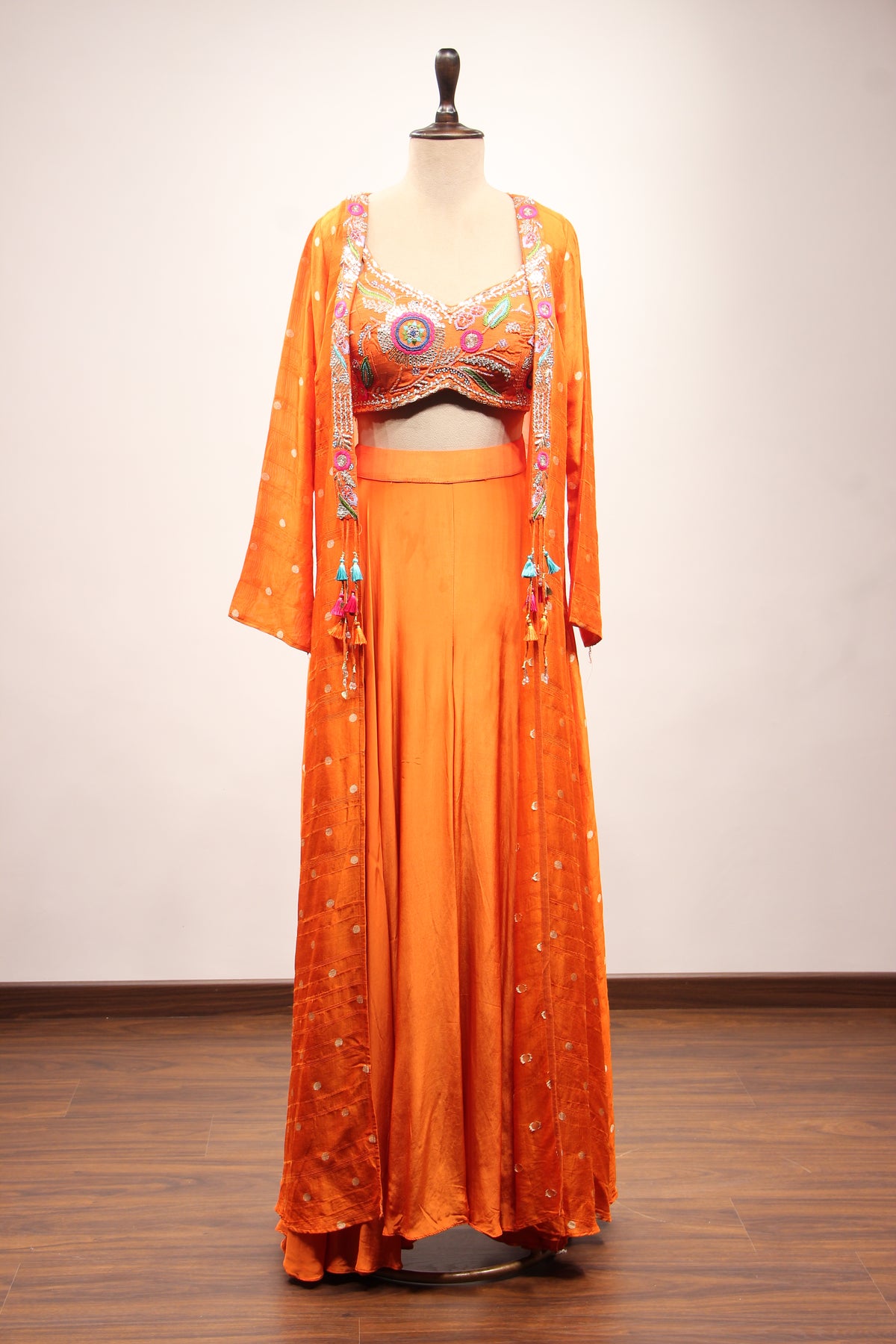 Crepe Indo Western Shrug Set with Cut Dana & Thread Handwork Crop Top in Orange – front view, with shrug
