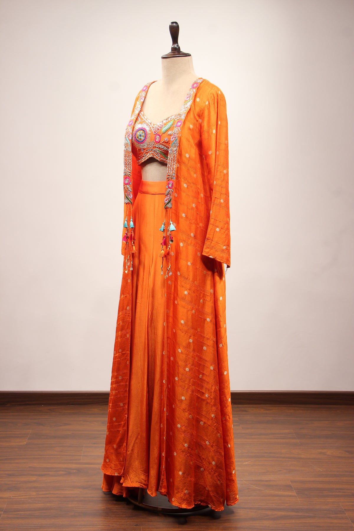 Crepe Indo Western Shrug Set with Cut Dana & Thread Handwork Crop Top in Orange – side view, with shrug