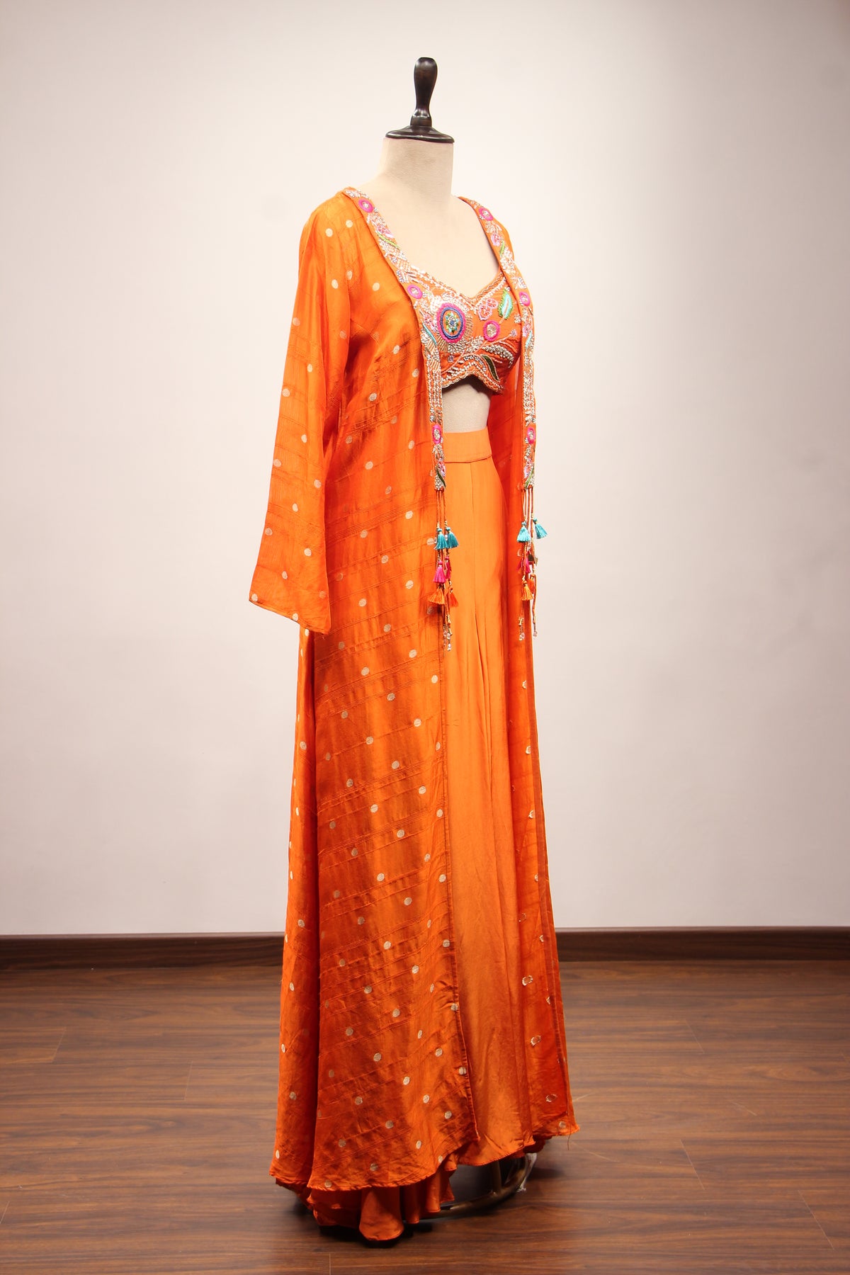 Crepe Indo Western Shrug Set with Cut Dana & Thread Handwork Crop Top in Orange – other side view, with shrug