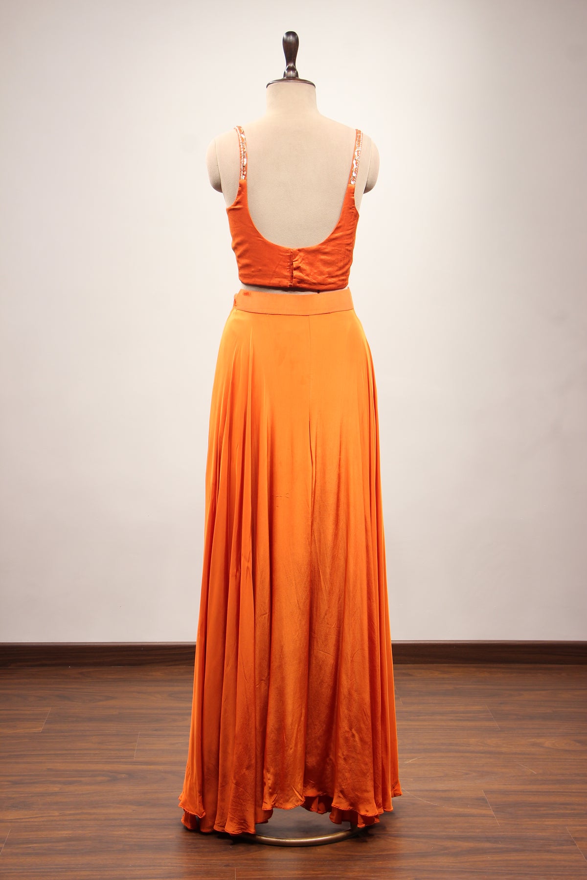 Crepe Indo Western Shrug Set with Cut Dana & Thread Handwork Crop Top in Orange – back view, without shrug