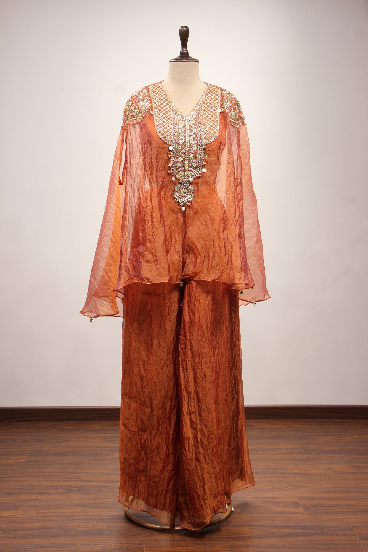 Tissue Indo Western Kaftan with Hand Embroidery & Gota Patti Handwork in Brown – front view