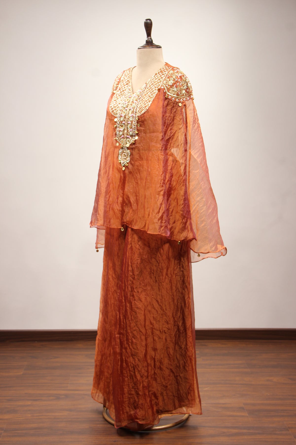 Tissue Indo Western Kaftan with Hand Embroidery & Gota Patti Handwork in Brown – side view