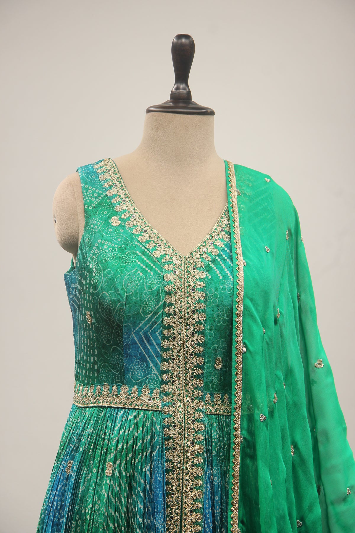 Green Bandhej Suit with Zari & Sequin Handwork Short Anarkali