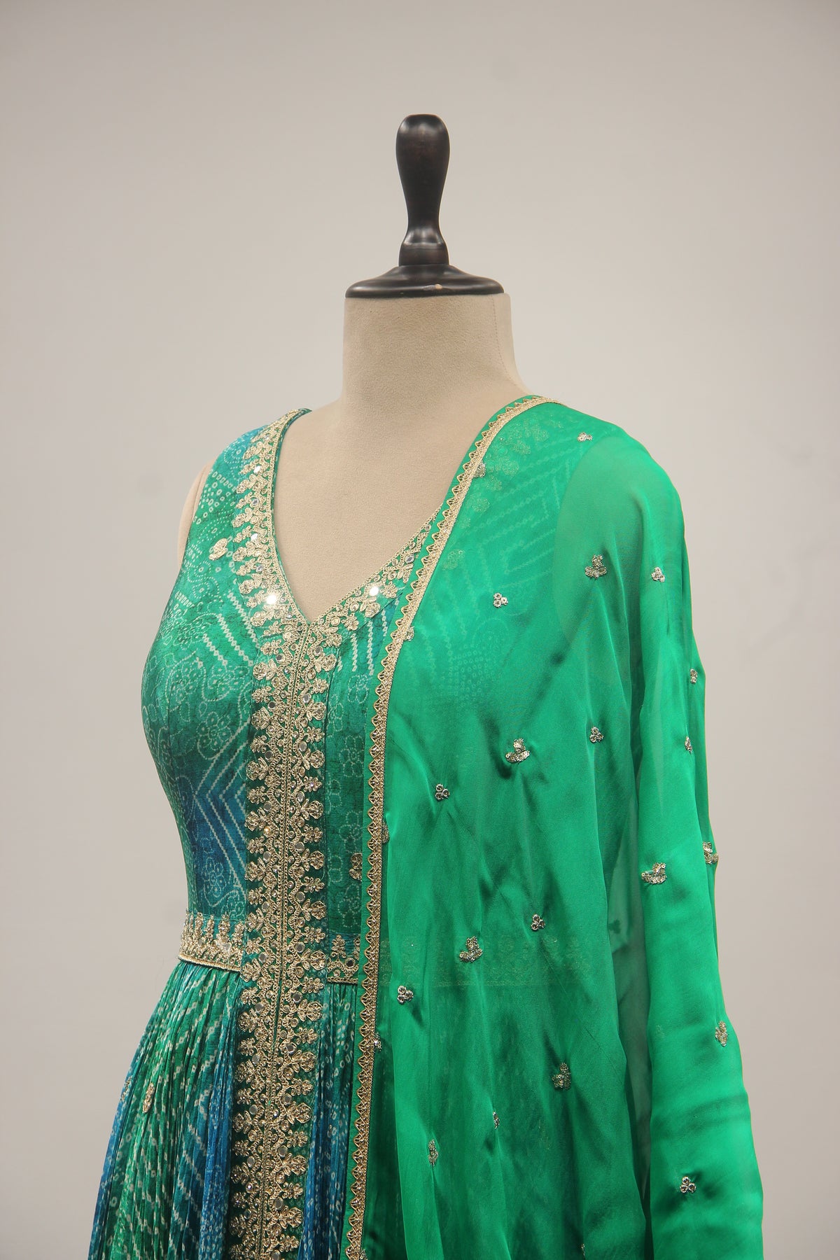 Green Bandhej Suit with Zari & Sequin Handwork Short Anarkali