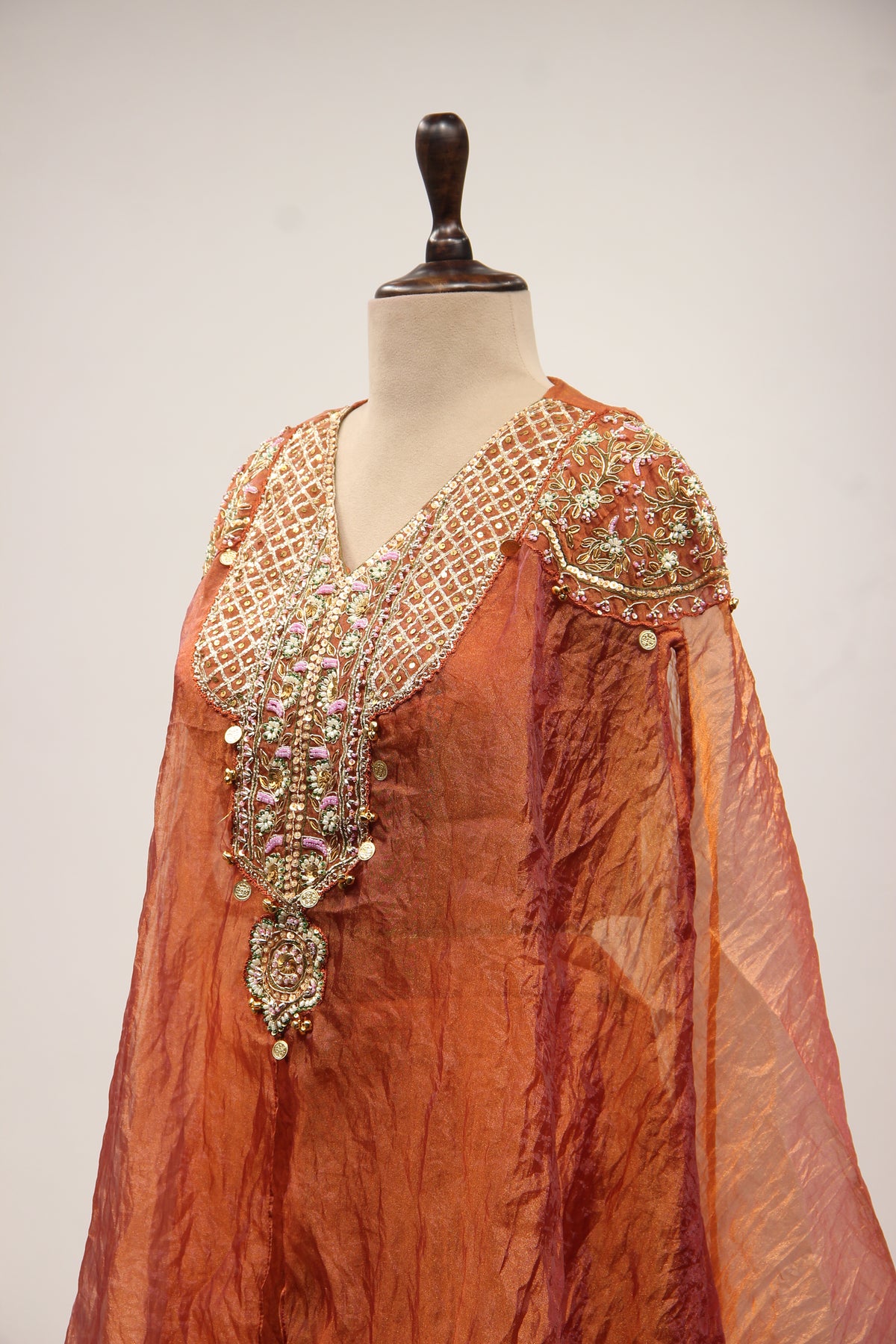 Tissue Indo Western Kaftan with Hand Embroidery & Gota Patti Handwork in Brown – side close-up