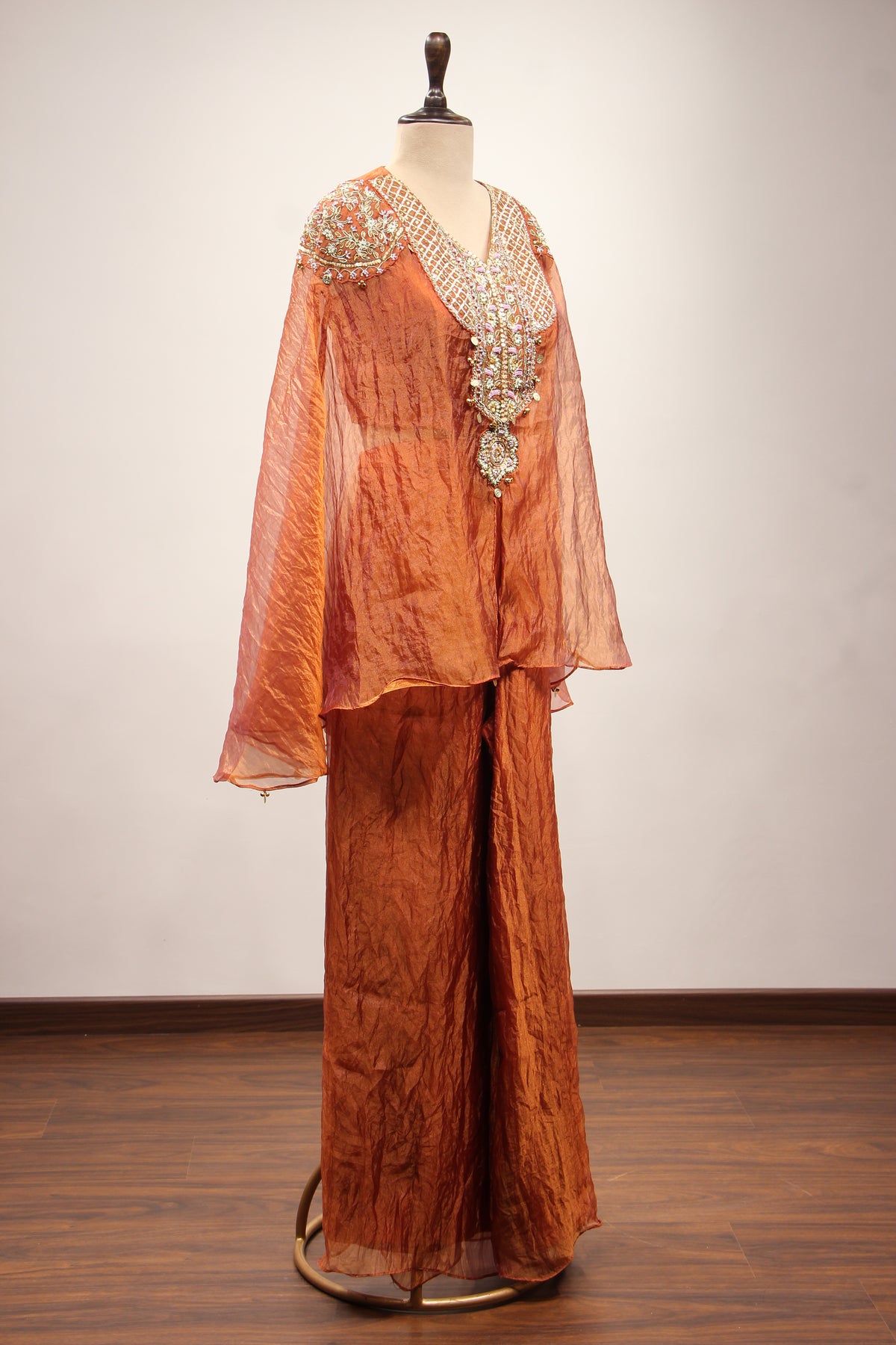 Tissue Indo Western Kaftan with Hand Embroidery & Gota Patti Handwork in Brown – other side view
