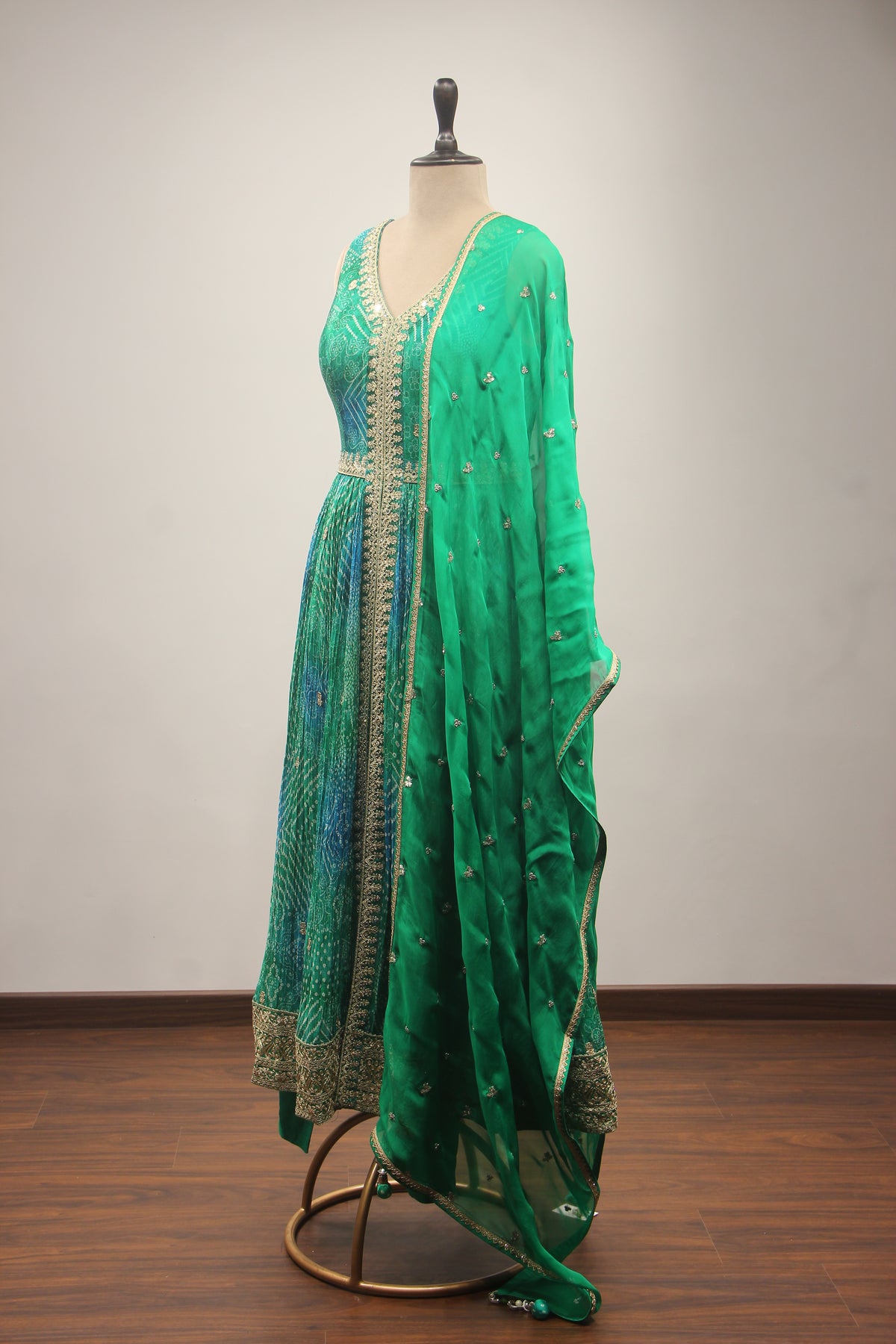 Green Bandhej Suit with Zari & Sequin Handwork Short Anarkali