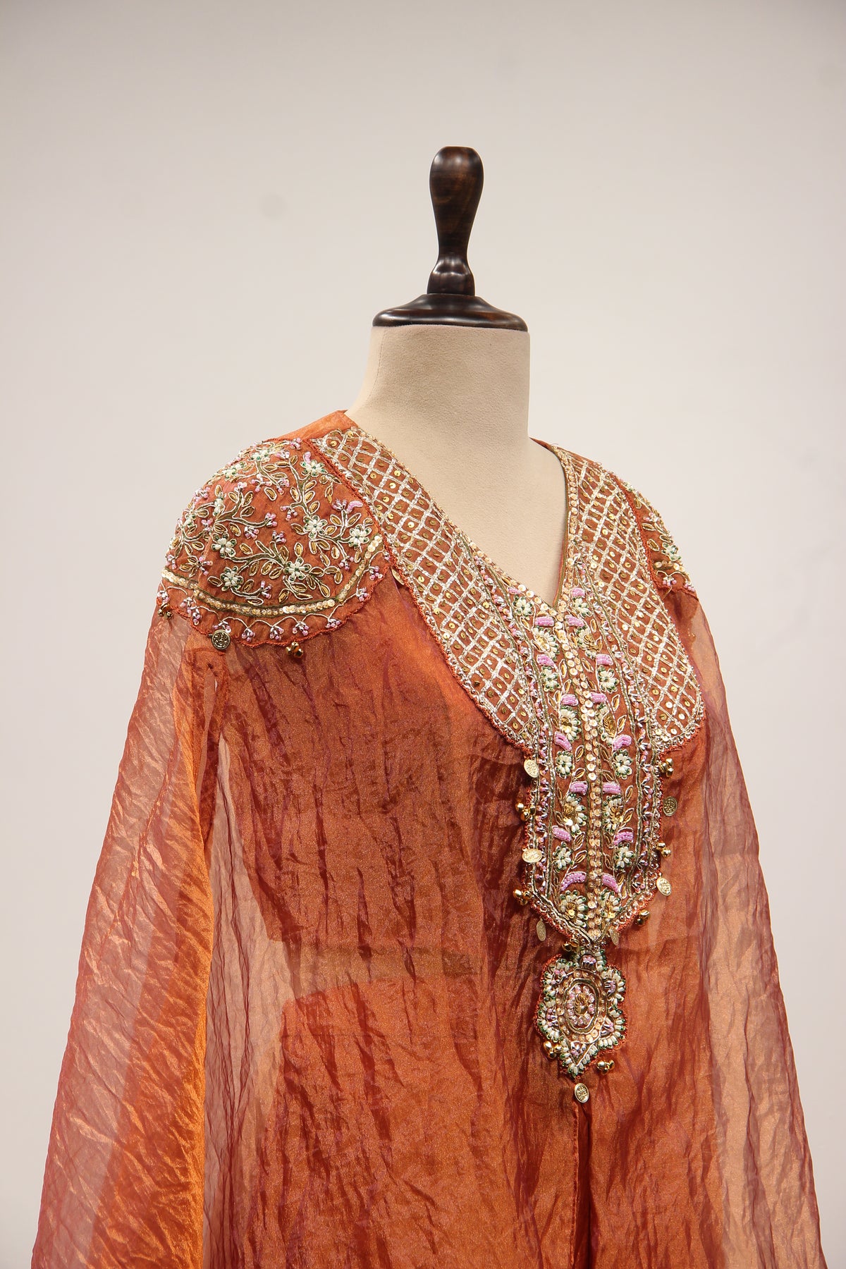 Tissue Indo Western Kaftan with Hand Embroidery & Gota Patti Handwork in Brown – other side close-up