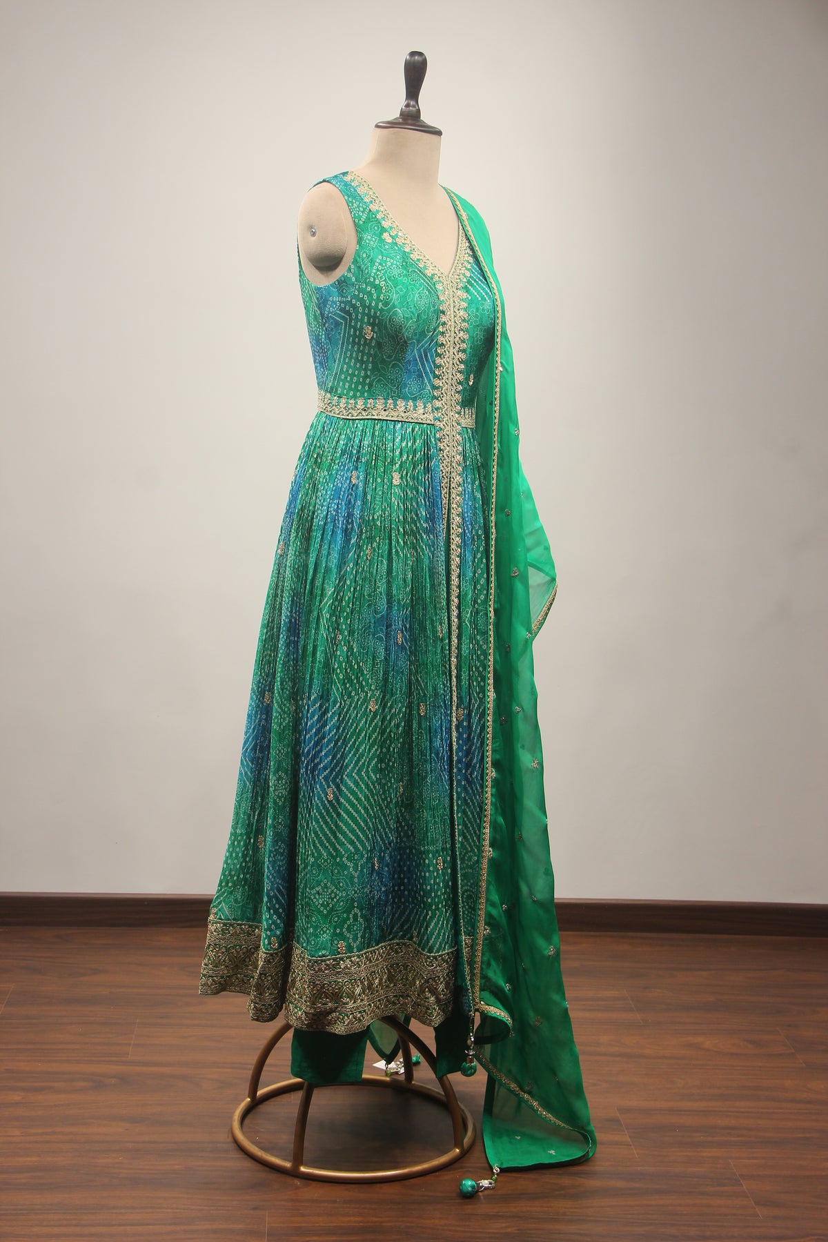 Green Bandhej Suit with Zari & Sequin Handwork Short Anarkali