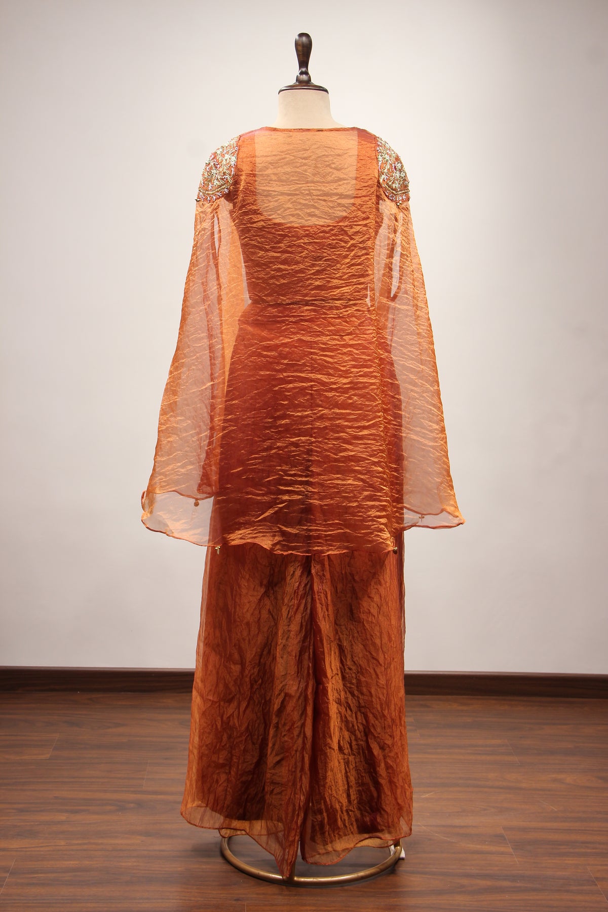 Tissue Indo Western Kaftan with Hand Embroidery & Gota Patti Handwork in Brown – back view