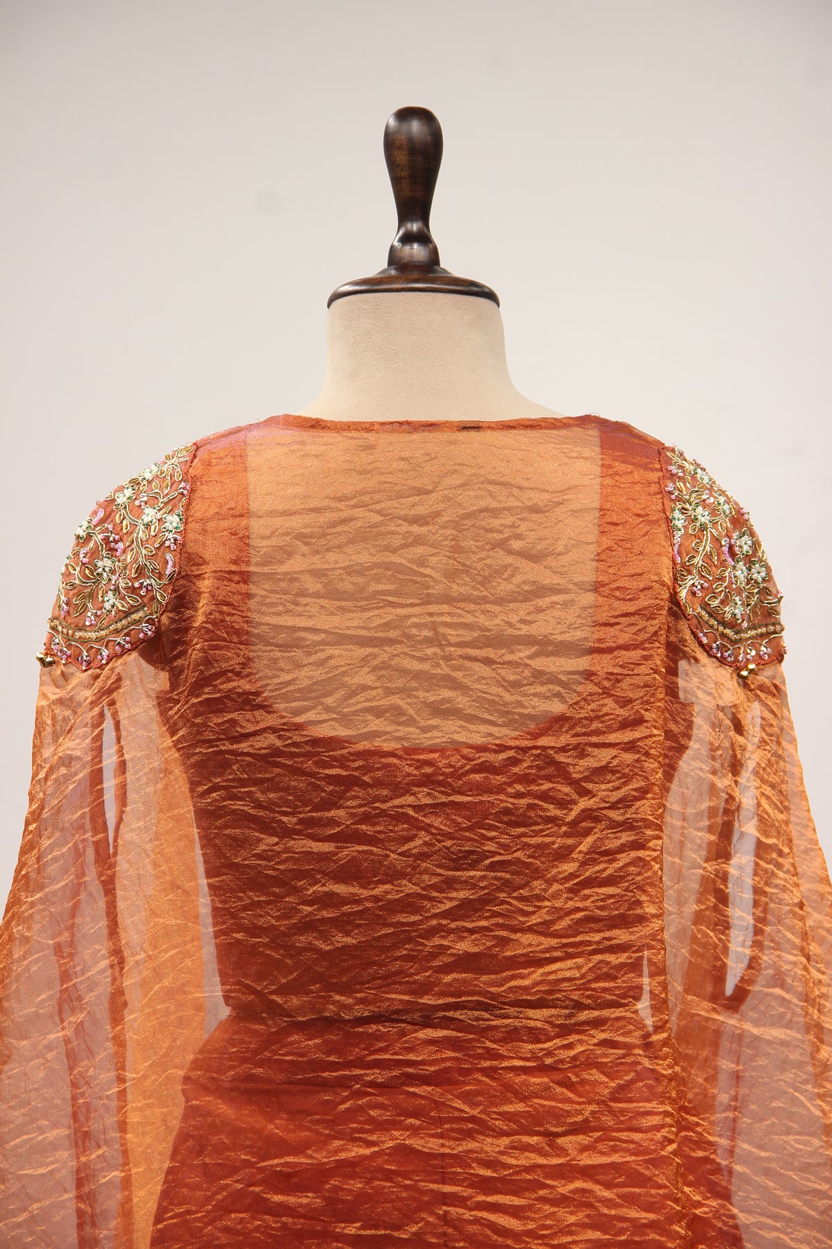 Tissue Indo Western Kaftan with Hand Embroidery & Gota Patti Handwork in Brown – back close-up