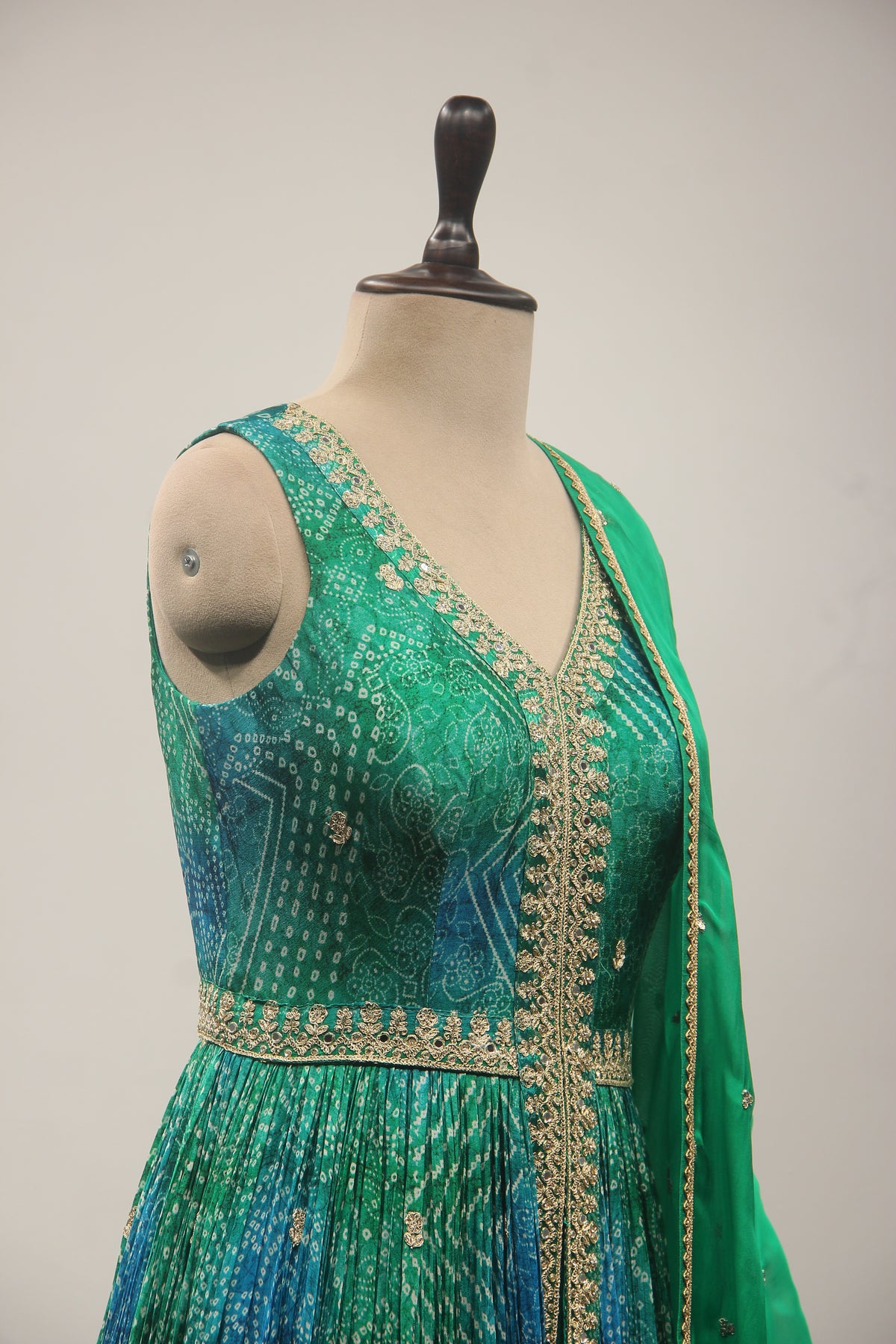 Green Bandhej Suit with Zari & Sequin Handwork Short Anarkali