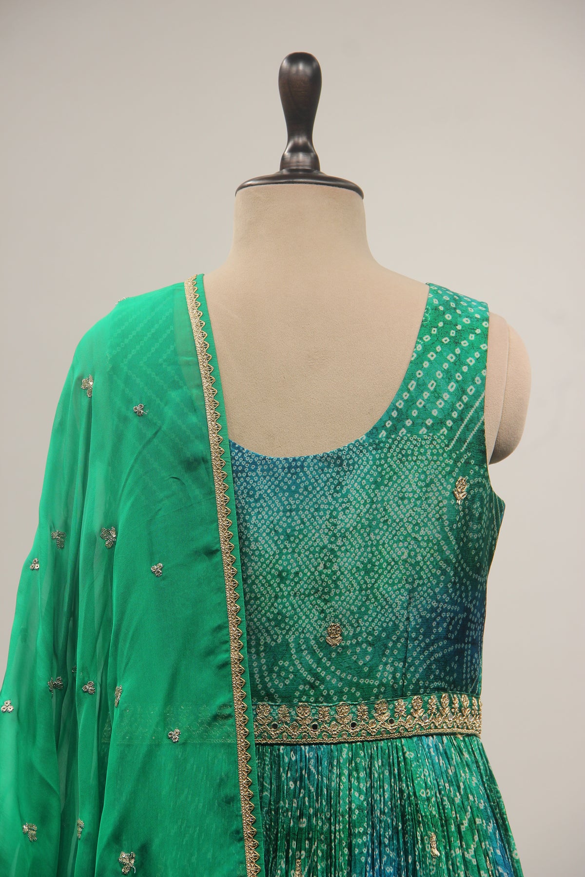 Green Bandhej Suit with Zari & Sequin Handwork Short Anarkali