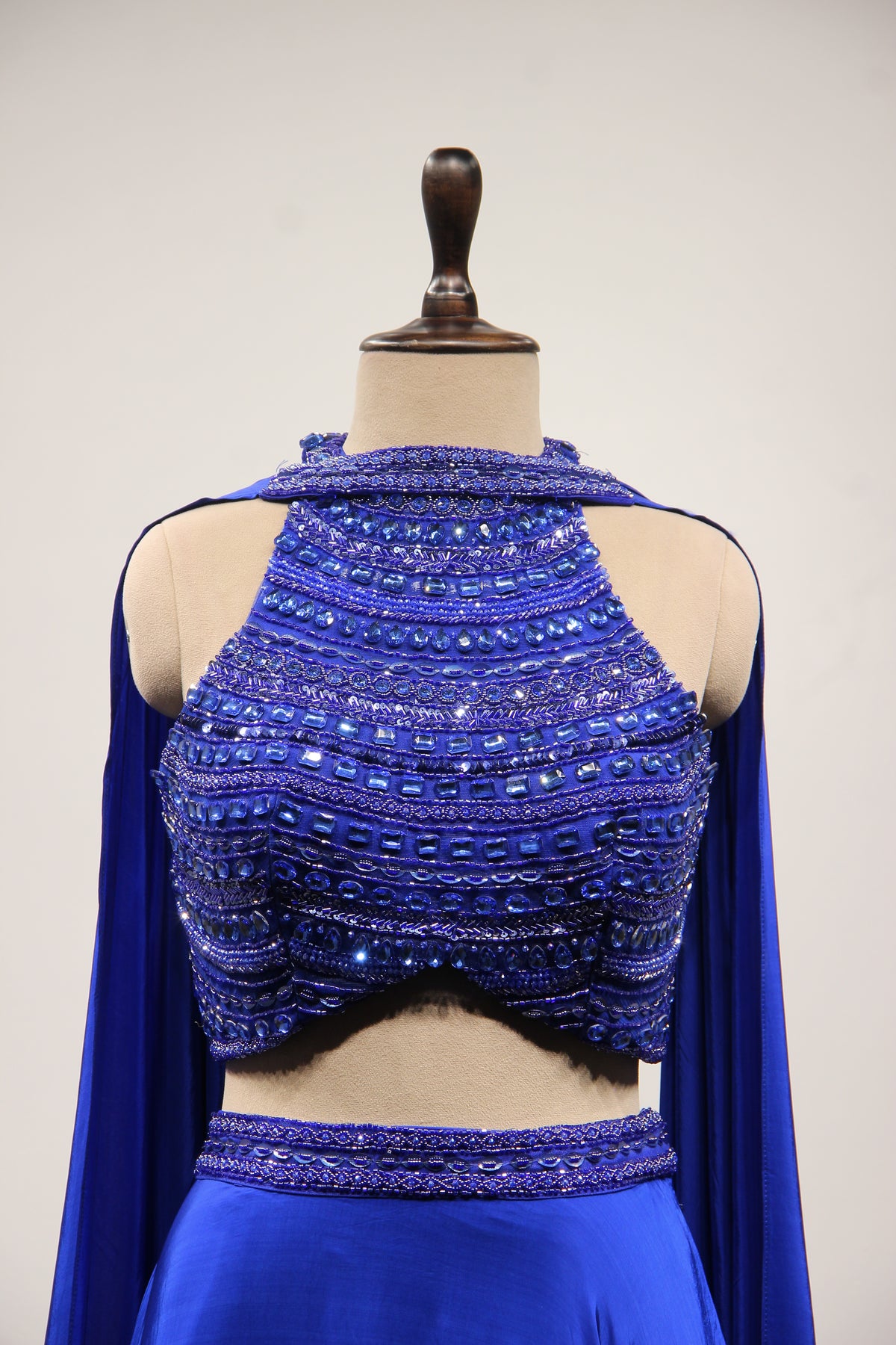 Electric Blue Crepe Halter Lehenga with Stone & Cut Dana Handwork – front close-up