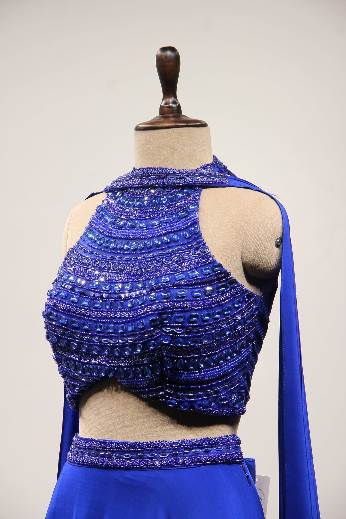 Electric Blue Crepe Halter Lehenga with Stone & Cut Dana Handwork – side close-up