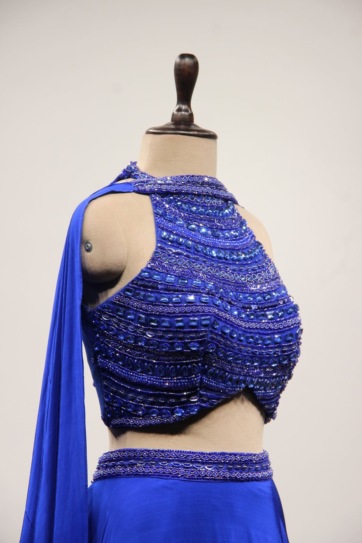 Electric Blue Crepe Halter Lehenga with Stone & Cut Dana Handwork – other side close-up