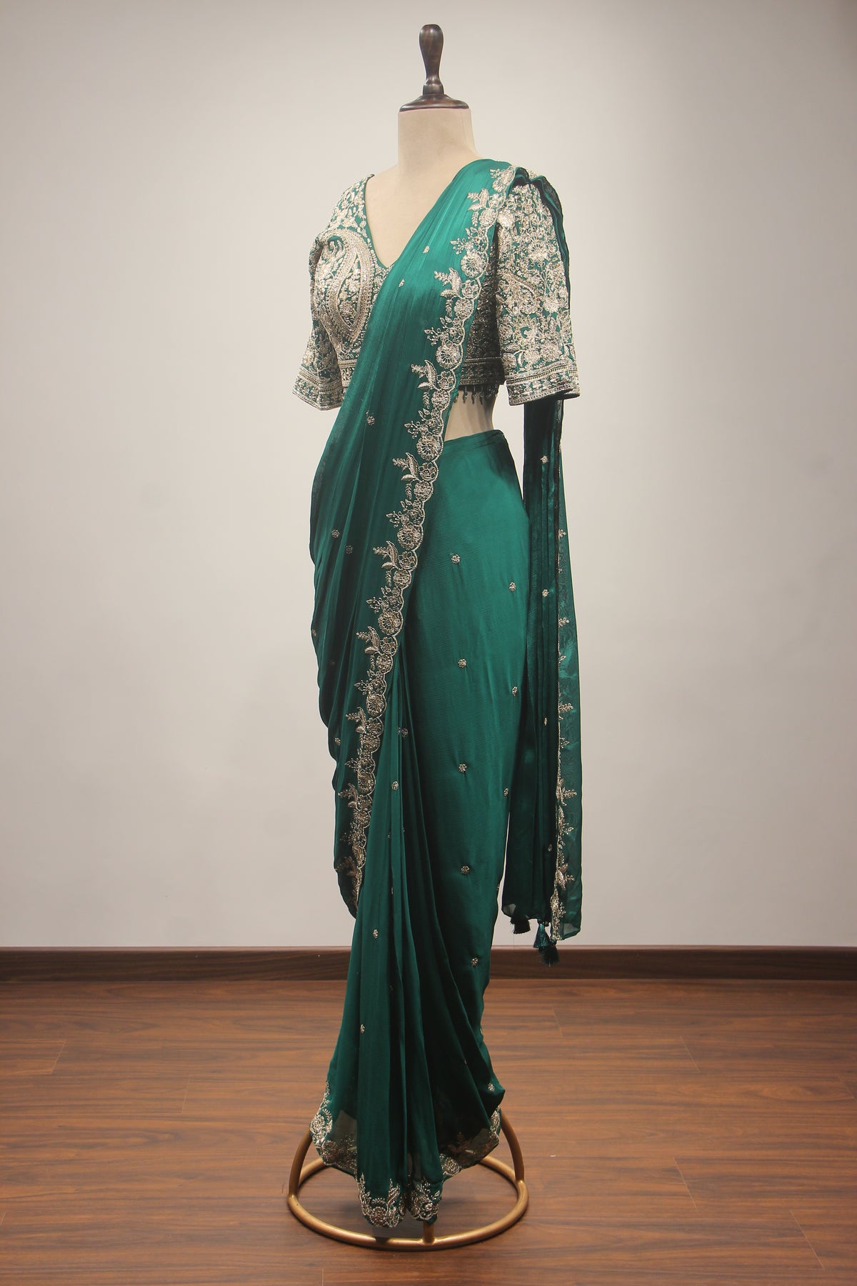 Crepe Drape Saree with Zari & Sequin Handwork Crop Top