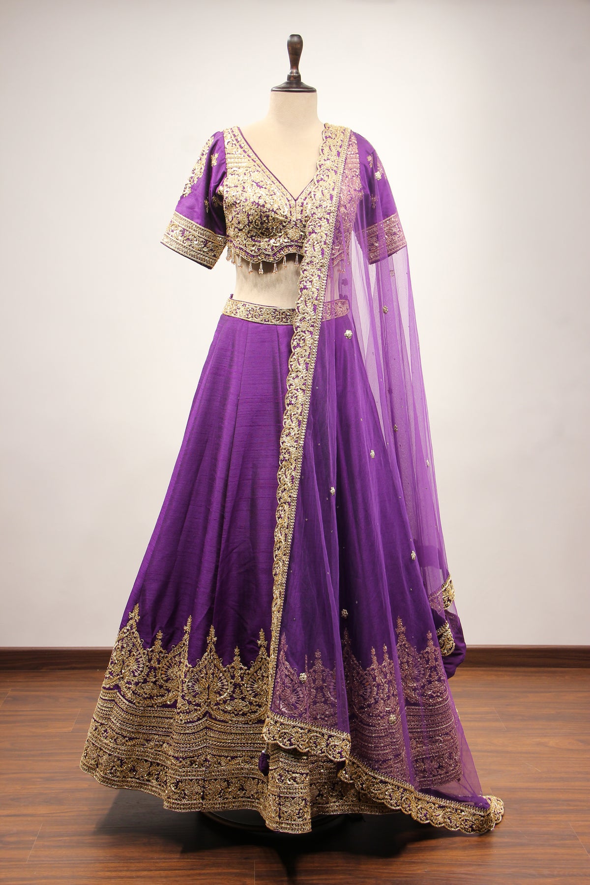 Dupion Lehenga with Zari & Sequin Handwork Half Sleeve V-Neck Crop Top in Purple – front view