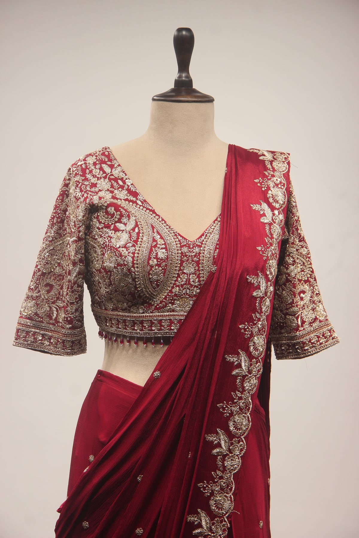 Crepe Drape Saree with Zari & Sequin Handwork Crop Top