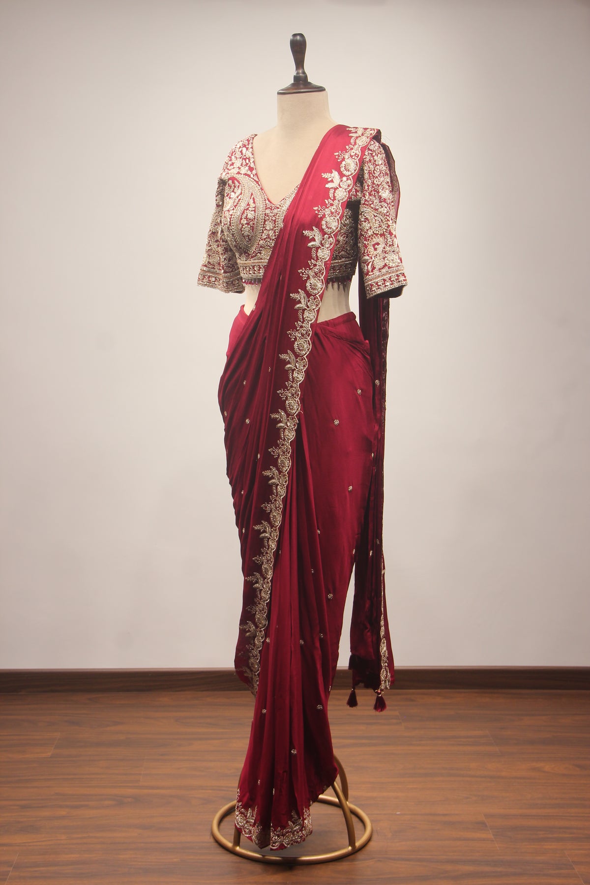Crepe Drape Saree with Zari & Sequin Handwork Crop Top