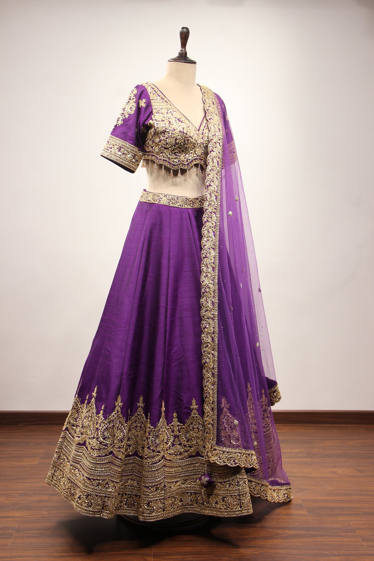 Dupion Lehenga with Zari & Sequin Handwork Half Sleeve V-Neck Crop Top in Purple – other side view