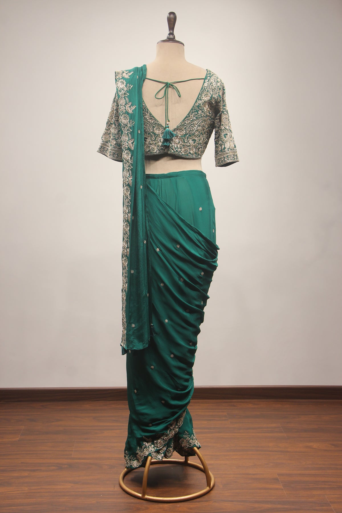 Crepe Drape Saree with Zari & Sequin Handwork Crop Top