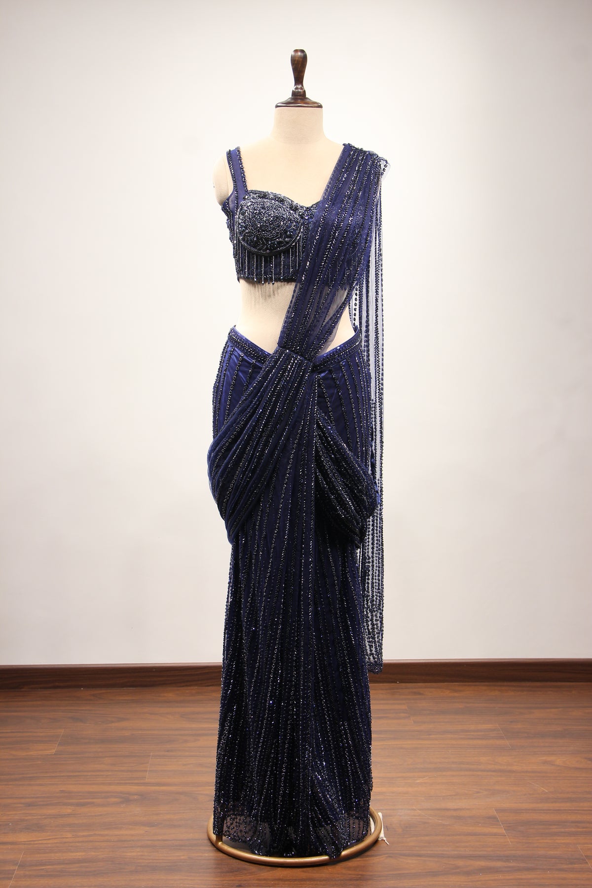 Navy Blue Imported Fringe Drape Saree with Cut Dana & Bead Handwork – front view