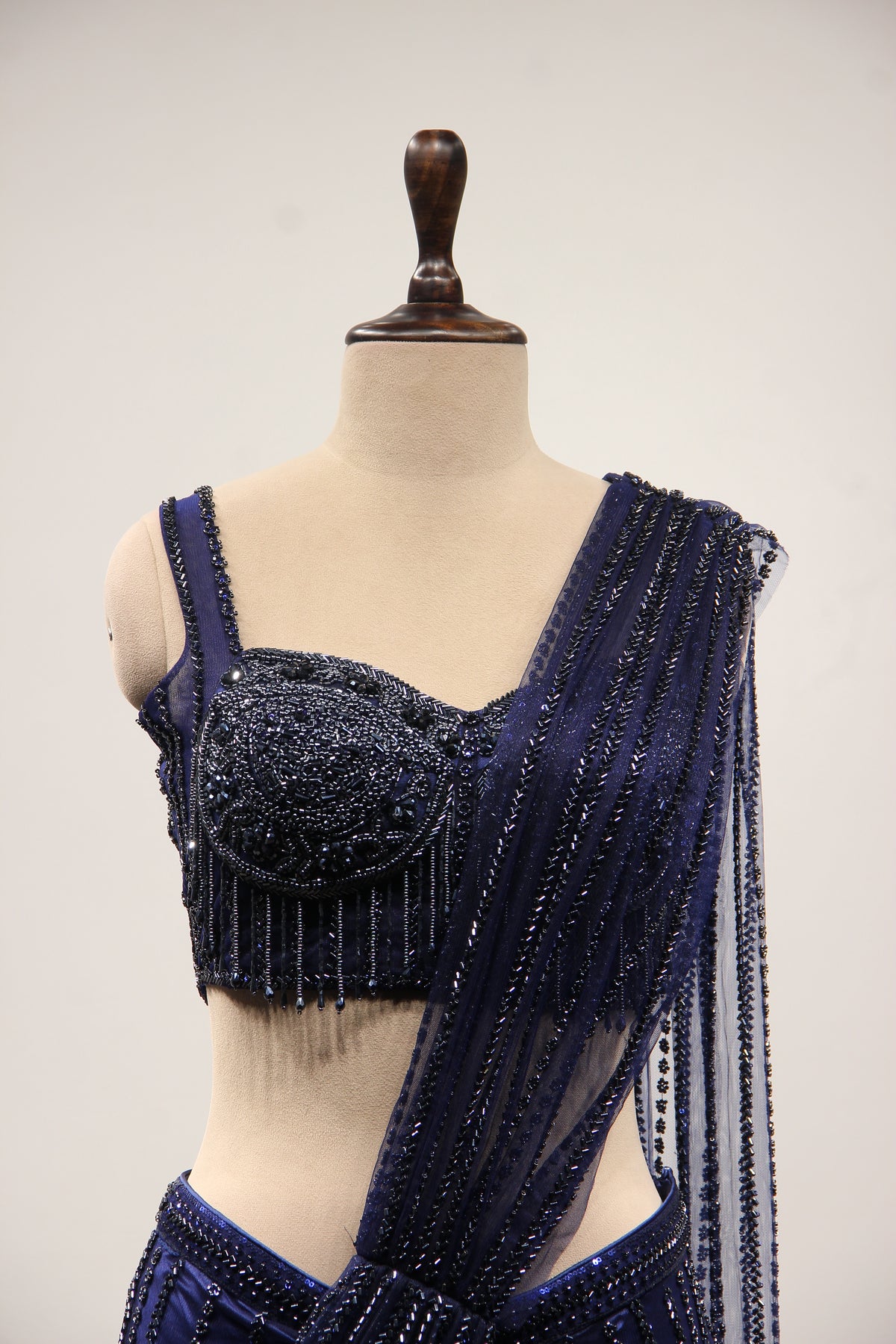 Navy Blue Imported Fringe Drape Saree with Cut Dana & Bead Handwork – front close-up