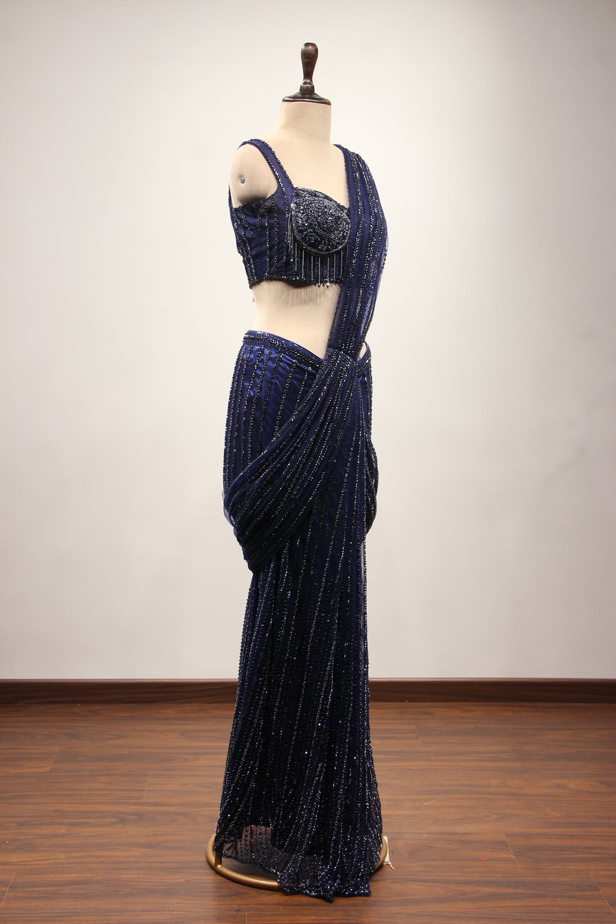 Navy Blue Imported Fringe Drape Saree with Cut Dana & Bead Handwork – other side view