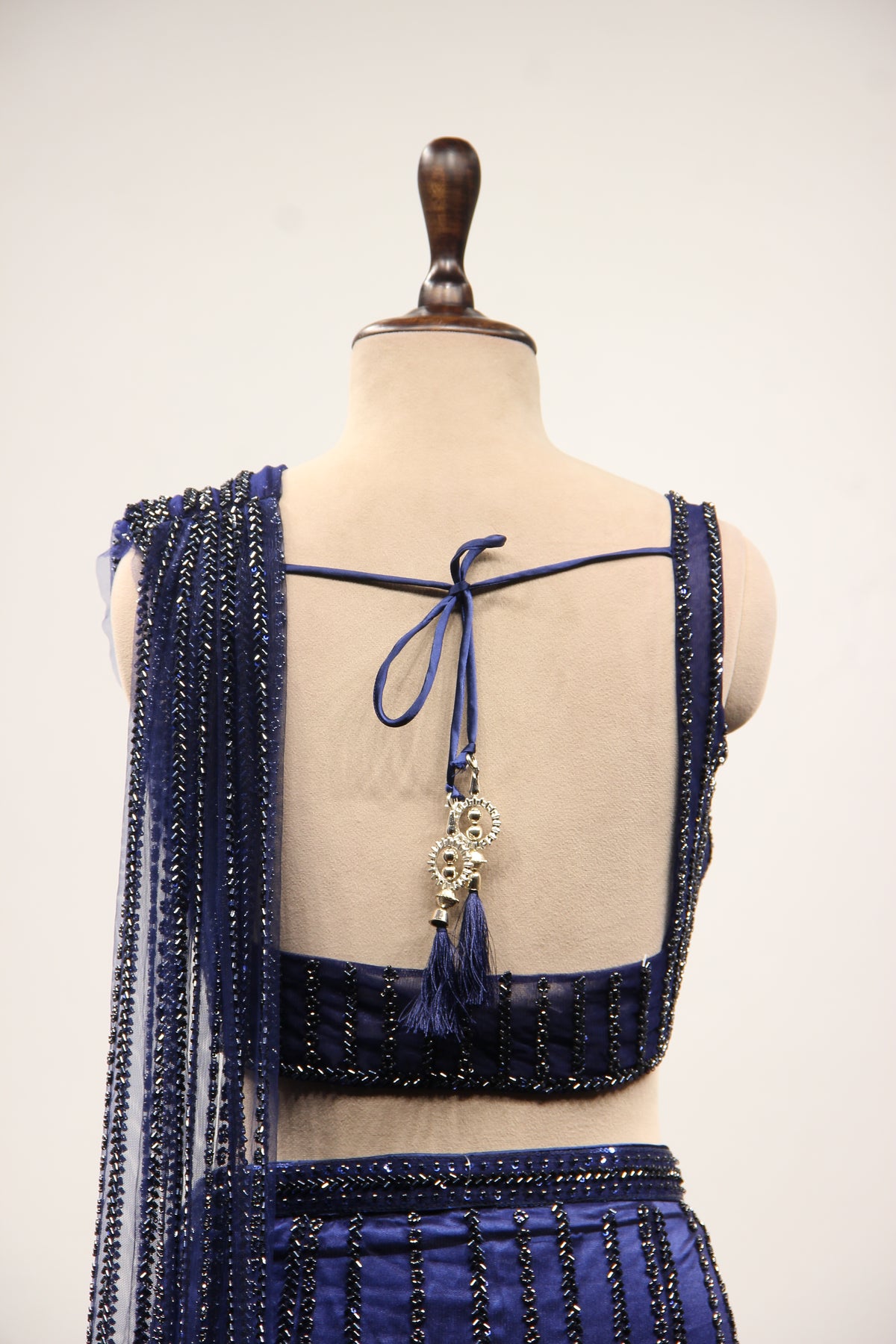 Navy Blue Imported Fringe Drape Saree with Cut Dana & Bead Handwork – back close-up