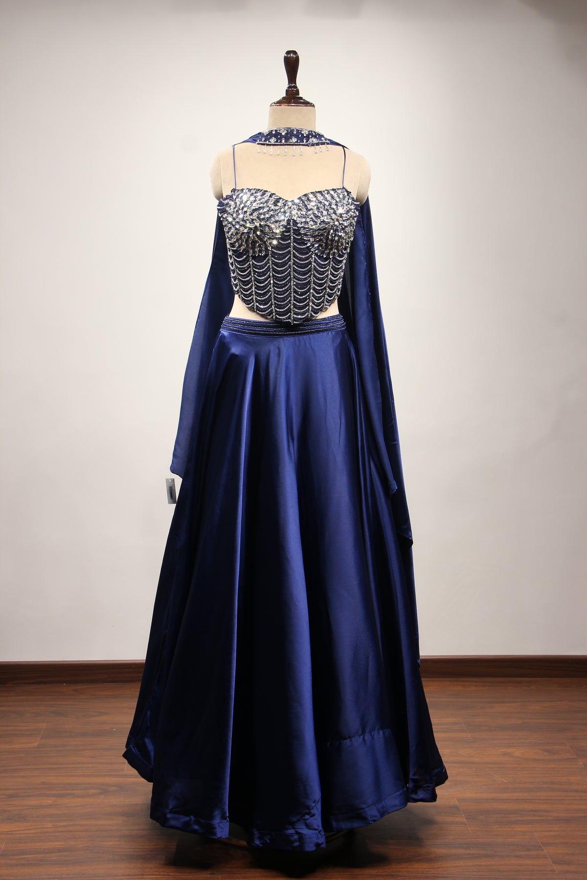 Navy Blue Imported Lehenga with Stone & Bead Handwork Net Corset – front view