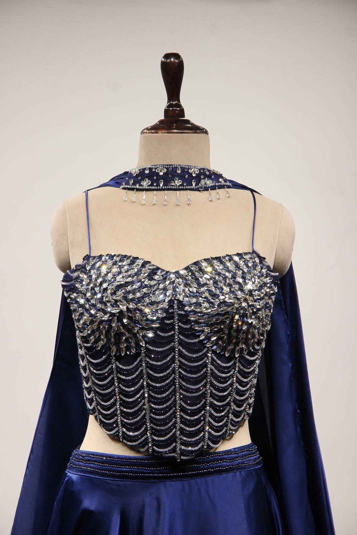 Navy Blue Imported Lehenga with Stone & Bead Handwork Net Corset – front close-up