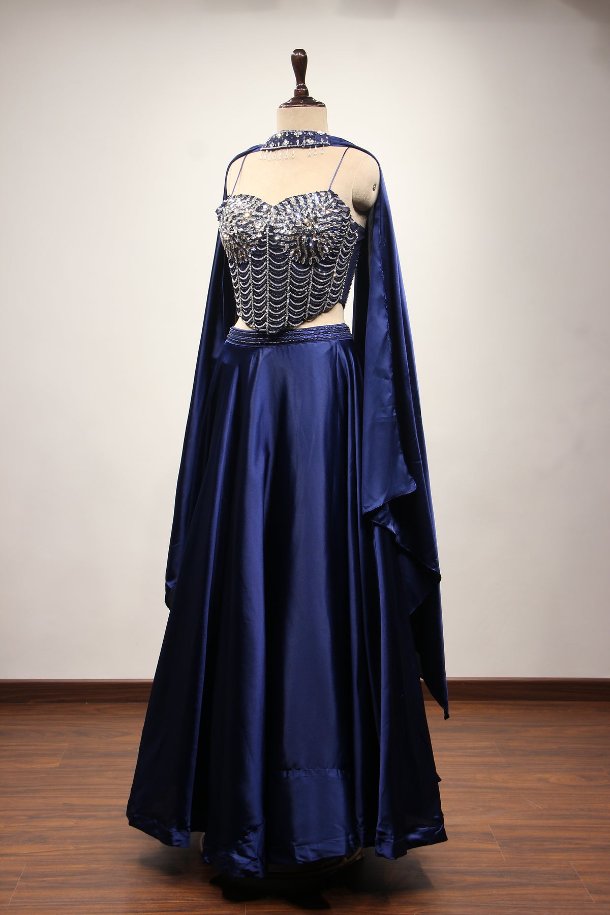 Navy Blue Imported Lehenga with Stone & Bead Handwork Net Corset – side view