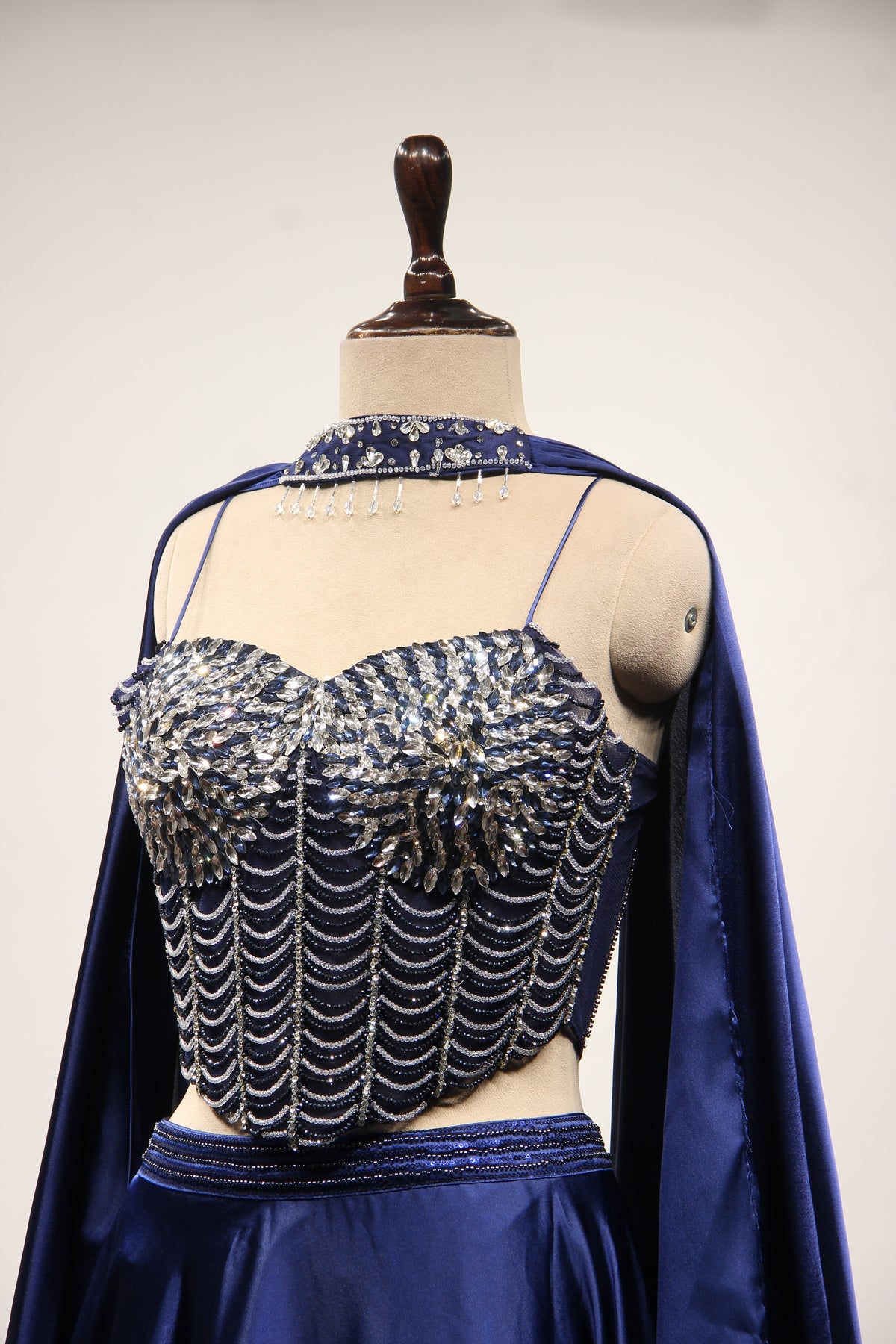 Navy Blue Imported Lehenga with Stone & Bead Handwork Net Corset – side close-up