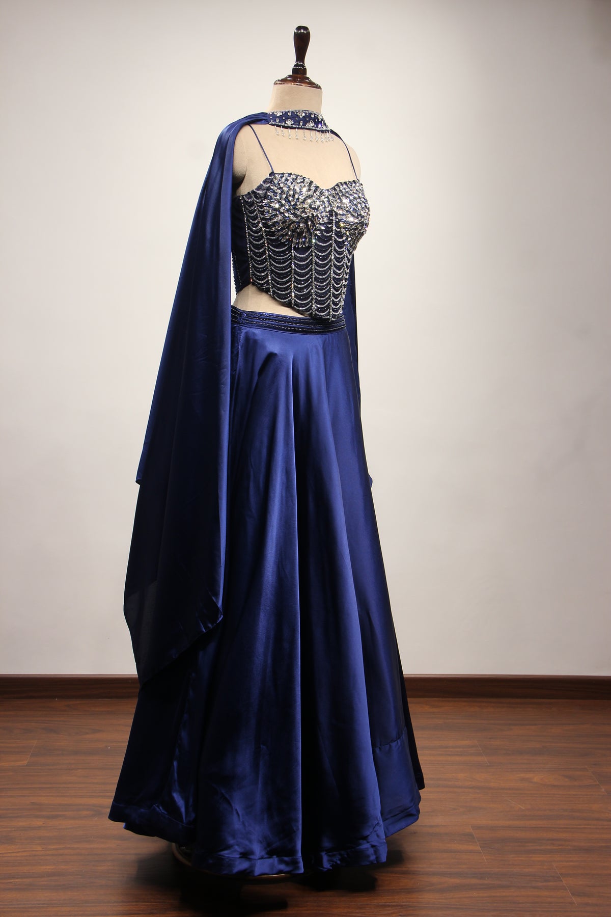 Navy Blue Imported Lehenga with Stone & Bead Handwork Net Corset – other side view