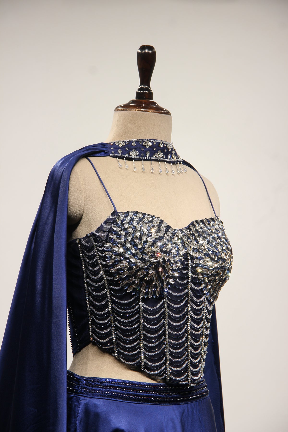 Navy Blue Imported Lehenga with Stone & Bead Handwork Net Corset – other side close-up